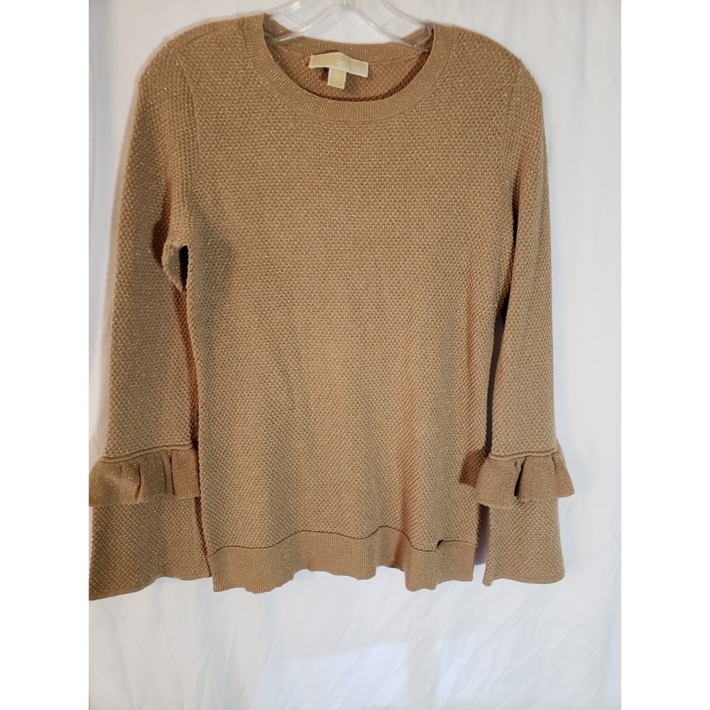Women's Michael Kors Tan And Gold Metallic Long Sleeve Sweater Size S